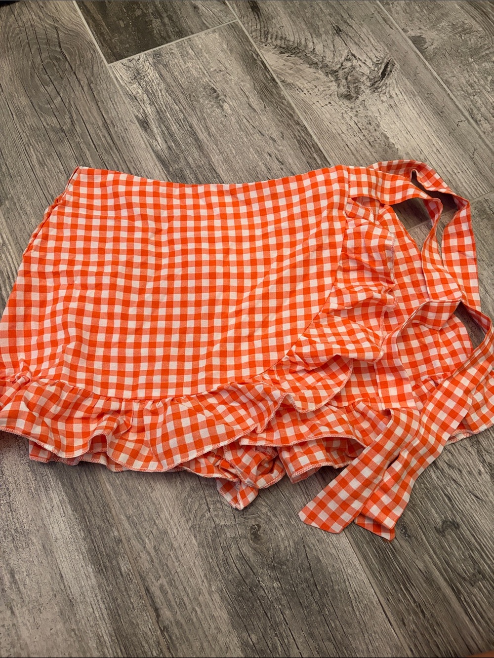 Orange Gingham Ruffle Mini Skirt